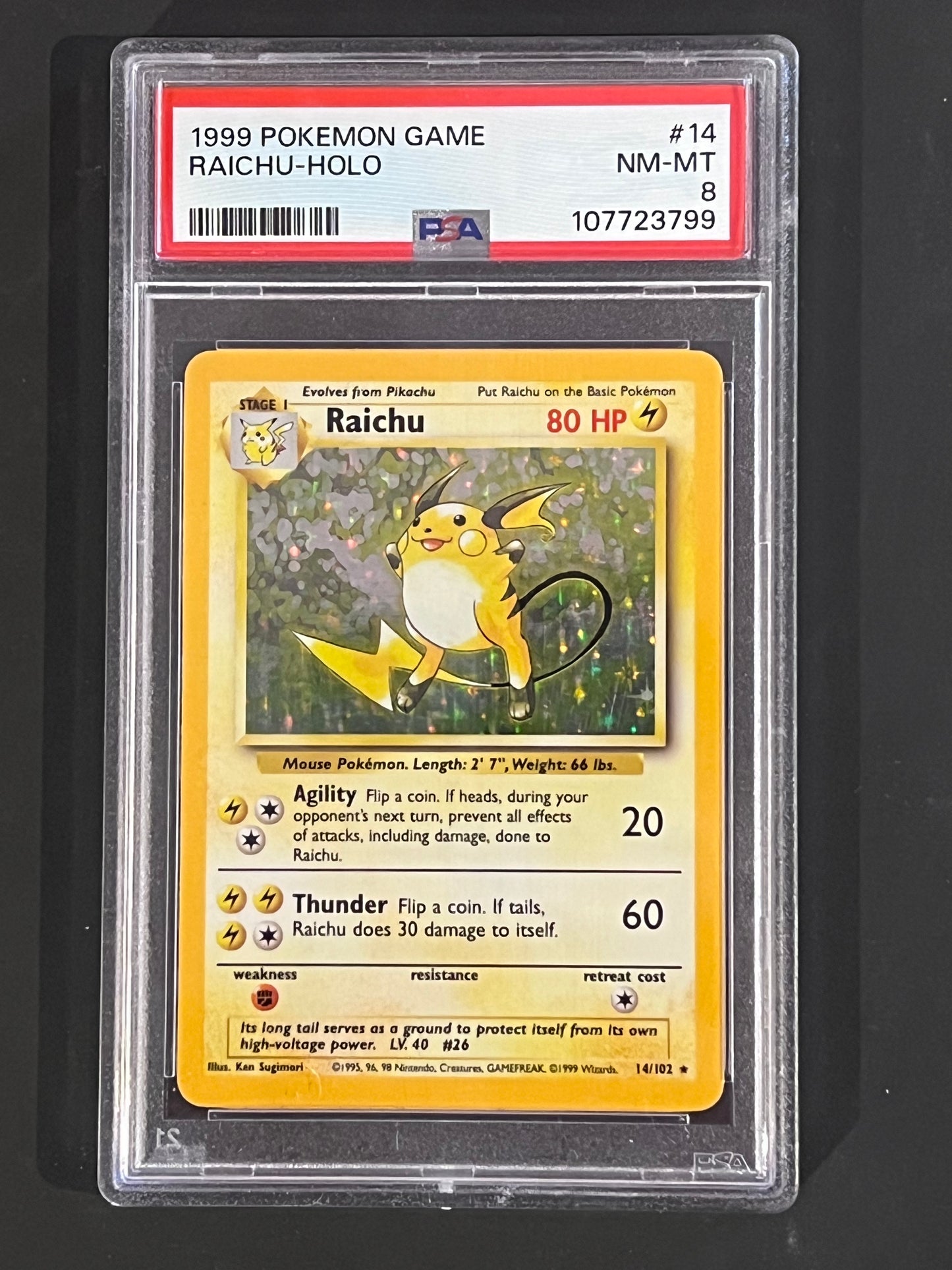 PSA Raichu - 14/102 Base Set Unlimited Holo Rare NEAR/MINT-MINT Grade 8