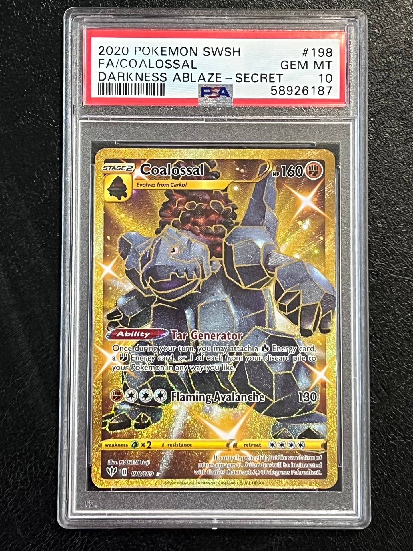 PSA Coalossal - 198/189 Darkness Ablaze Gold Secret Rare GEM MINT Grade 10