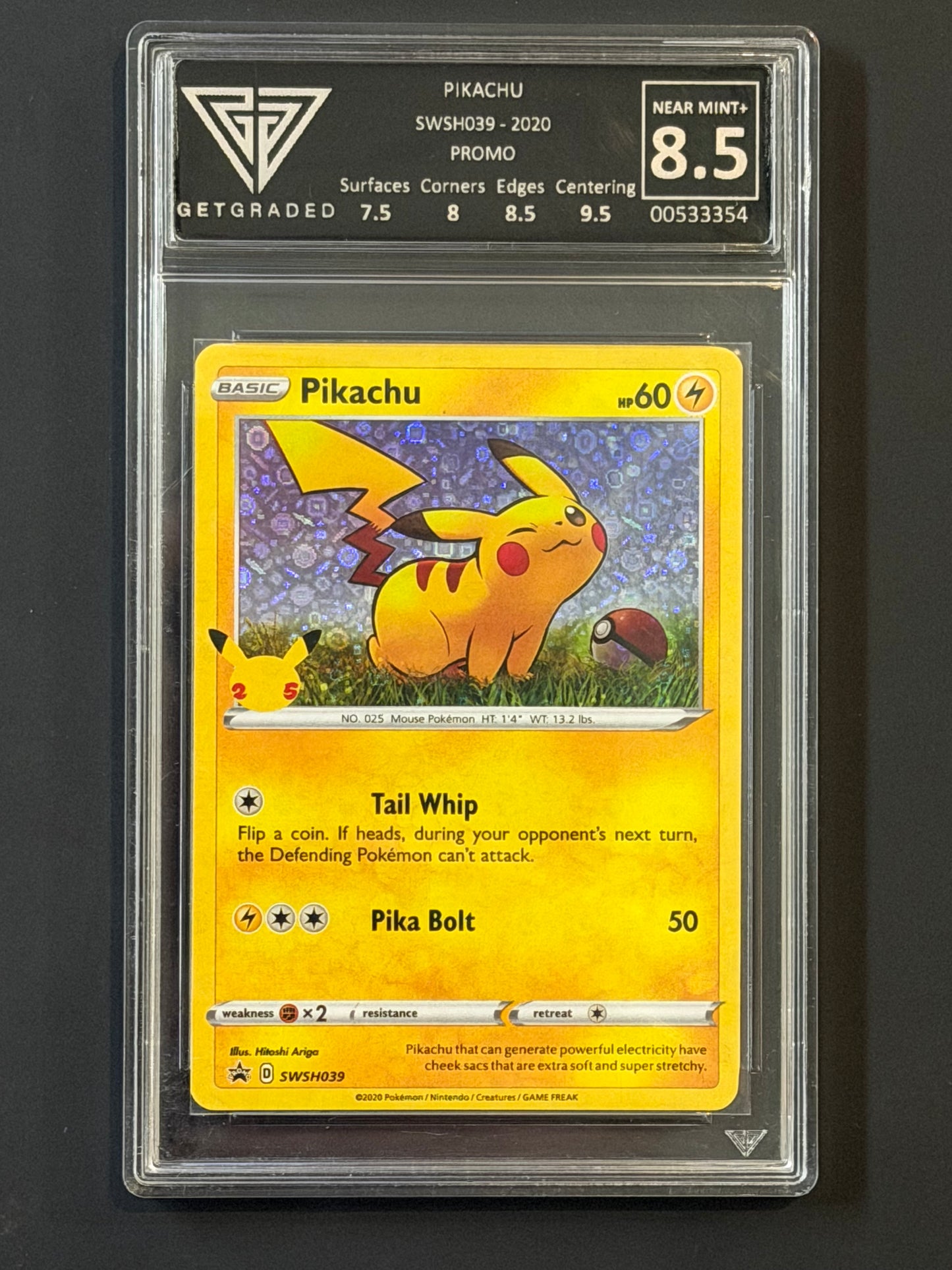 GetGraded Pikachu (25th Anniversary STAMPED) - SWSH039 General Mills Black Star Promo NEAR MINT+ Grade 8.5
