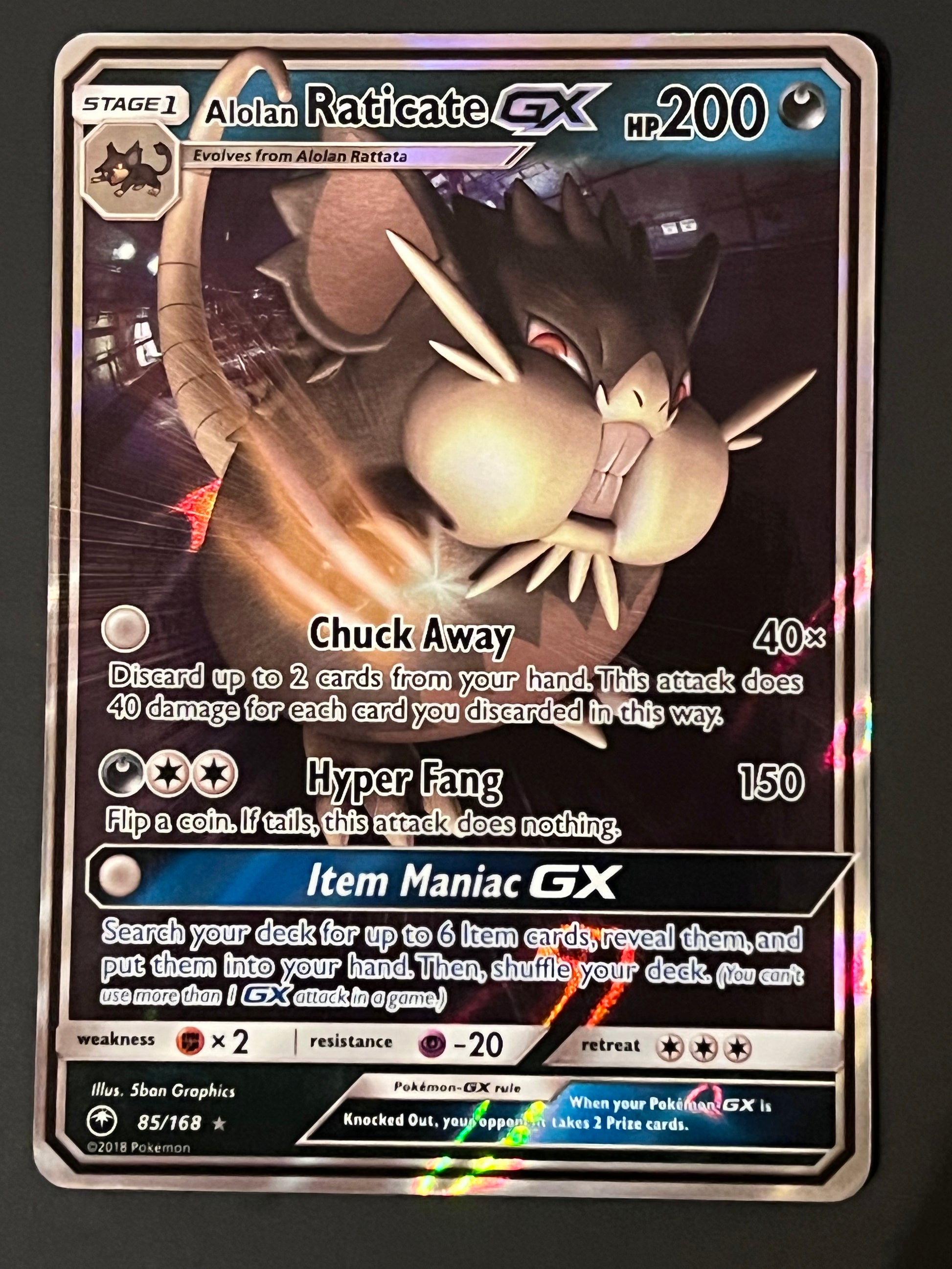 alolan raticate pokemon card 085/168 Alolan Raticate Gx