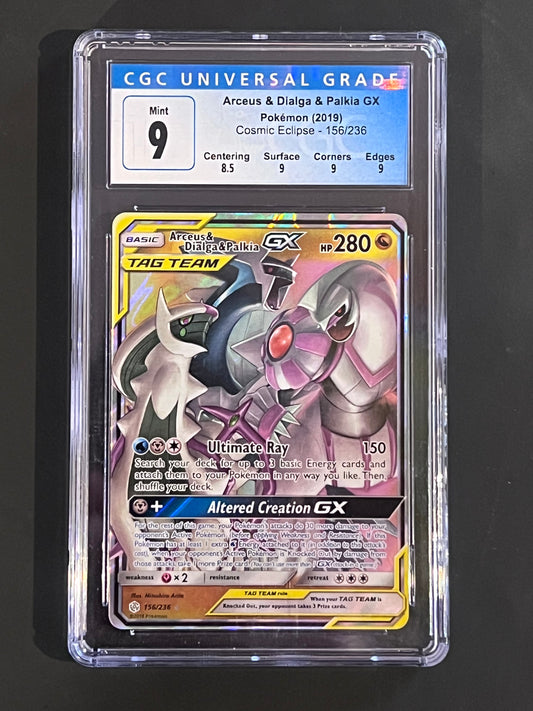 CGC Arceus & Dialga & Palkia Gx - 156/236 Cosmic Eclipse Ultra Rare Tag Team MINT Grade 9