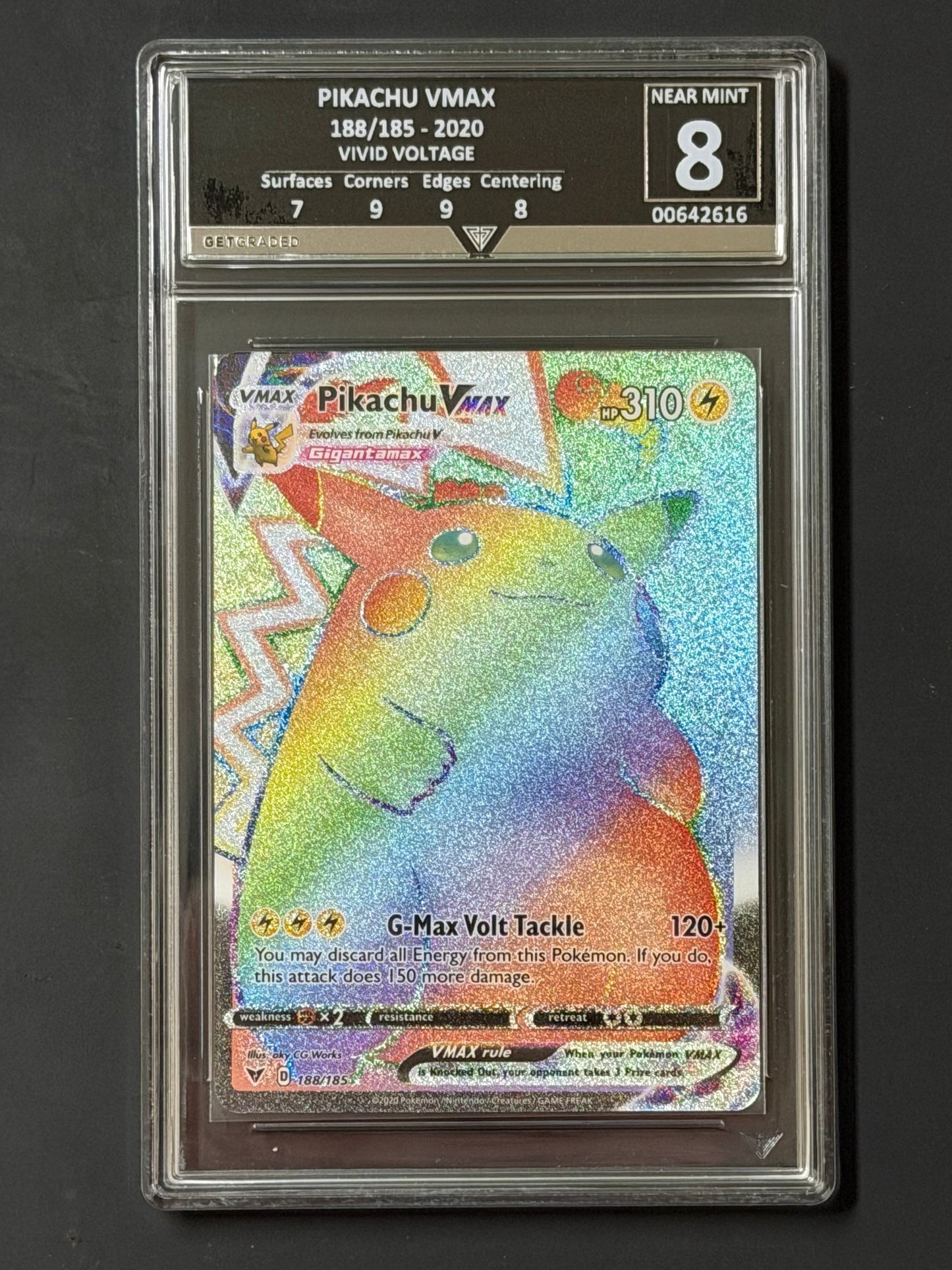 GetGraded Pikachu VMax - 188/185 Vivid Voltage Rainbow Secret Rare NEAR MINT Grade 8