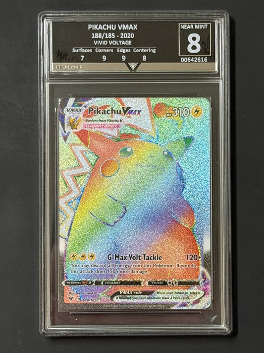 GetGraded Pikachu VMax - 188/185 Vivid Voltage Rainbow Secret Rare NEAR MINT Grade 8