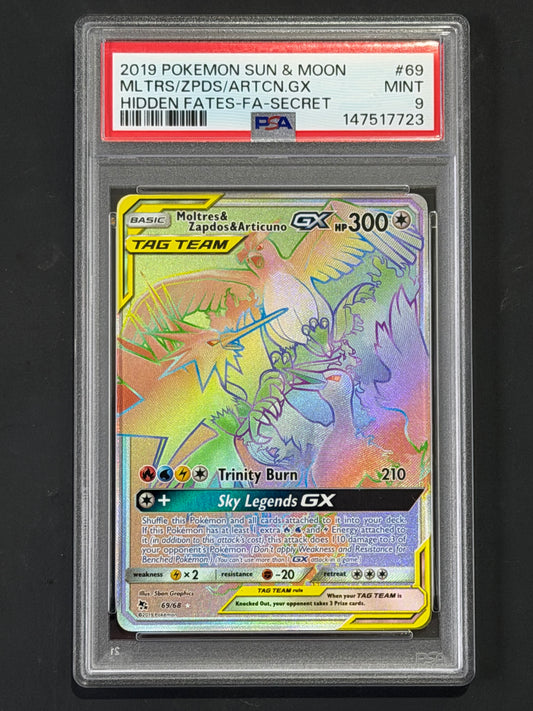 PSA Moltres & Zapdos & Articuno Gx Tag Team - 69/68 Hidden Fates MINT Grade 9